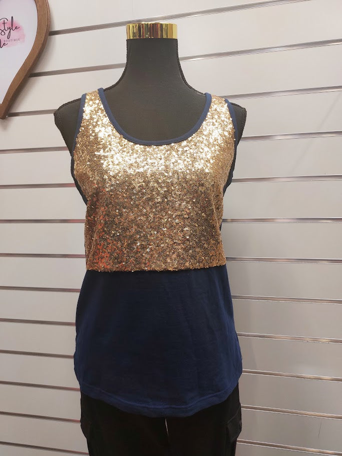 Augustine Blouse Gold Sequin & Navy Sleeveless Top - S image 0