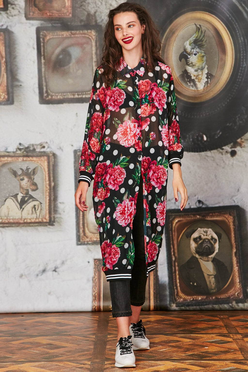 Curate by Trelise Cooper, Floral, Boston Tea Spotty Chiffon Button-Up Tunic - Size XXL