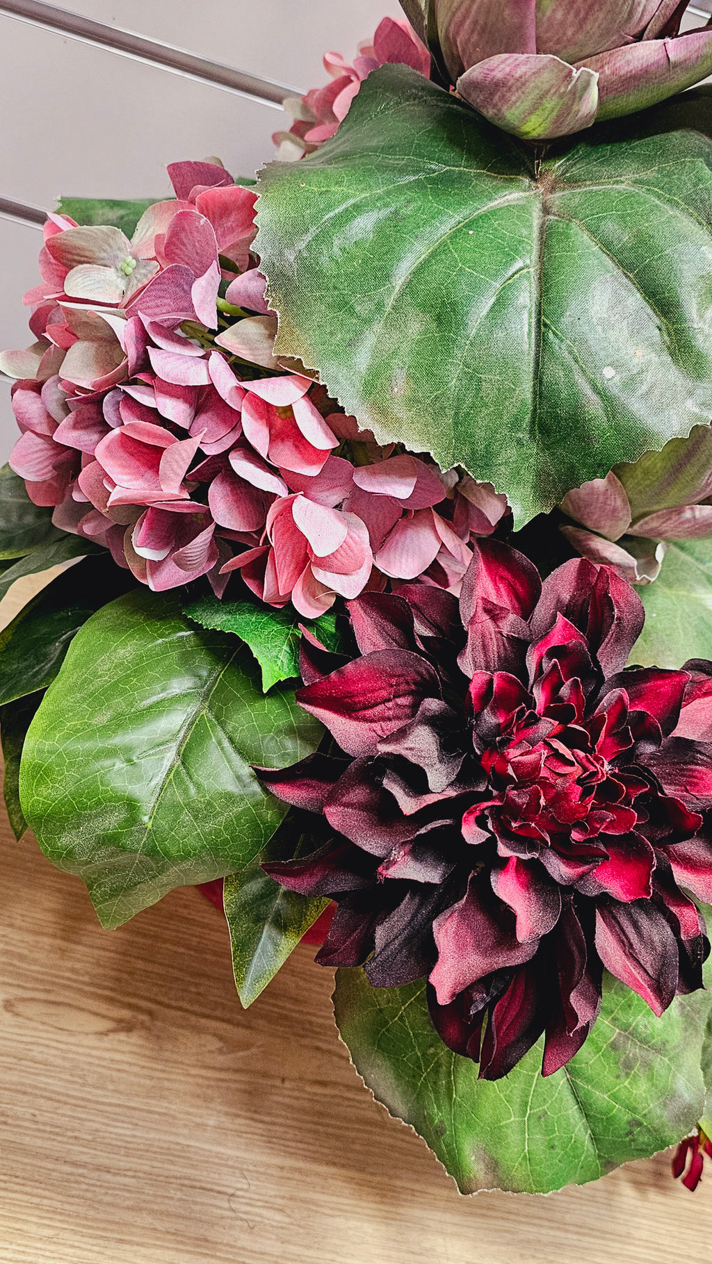 Red Silk Flower Arrangement in Maroon Vase image 2