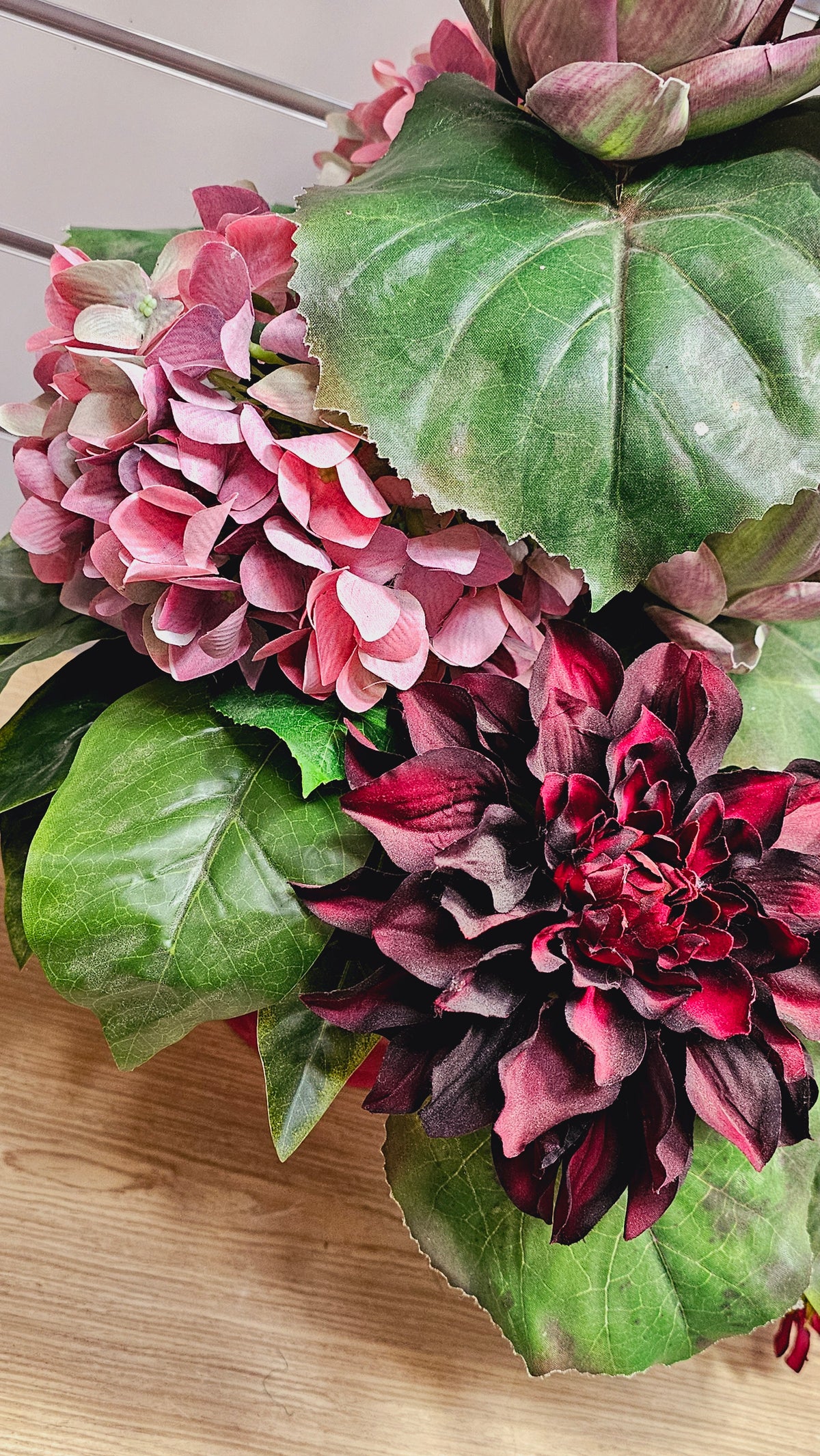 Red Silk Flower Arrangement in Maroon Vase image 2