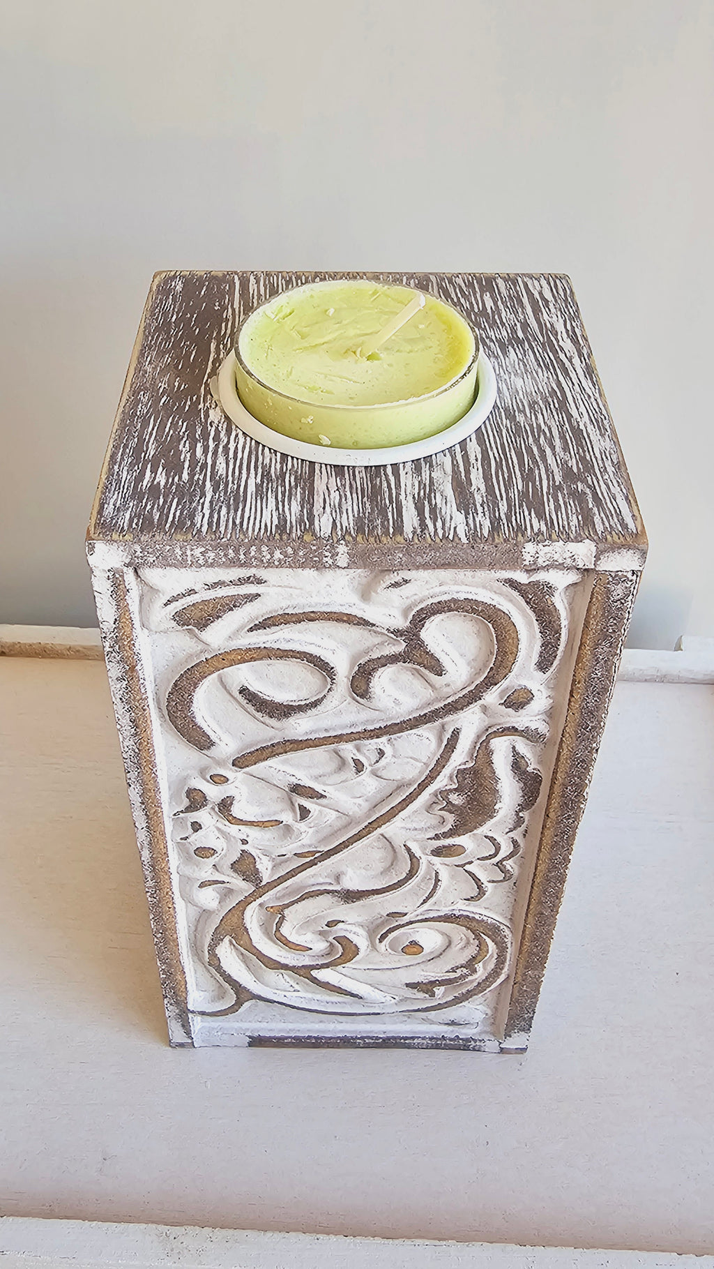 Shabby Chic Candle Holder with Light Green Candle image 1