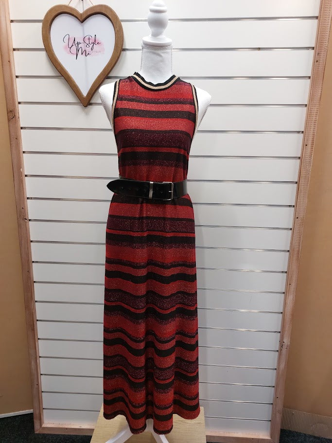 Dixie Red, Black, Purple and Gold 52% viscose Sleeveless shiny dress - S