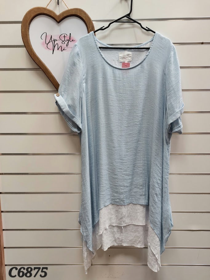Studio Curve Baby Blue/White Double layered tunic, short sleeves, buttons, cap sleeves - 22