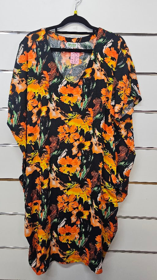 Freez Black Orange Bright Orange Short Sleeve Oversized Dress - MED