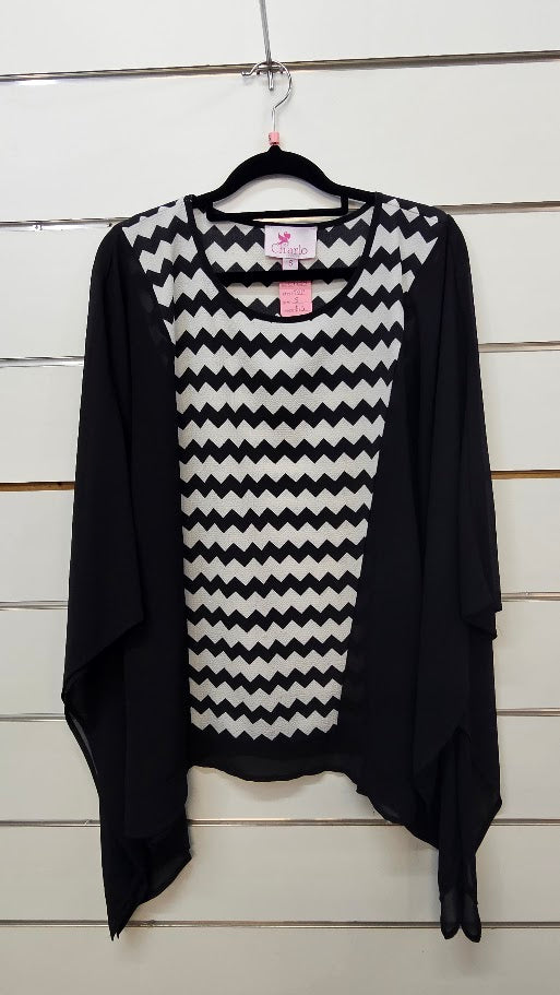Charlo Black White Chiffon Top with Z Patterned Insert - SM