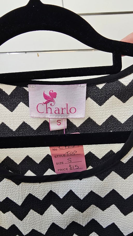 Charlo Black White Chiffon Top with Z Patterned Insert - SM