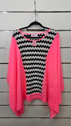 Charlo Neon Pink Black White Chiffon Top with Black White Z Design Insert - SM