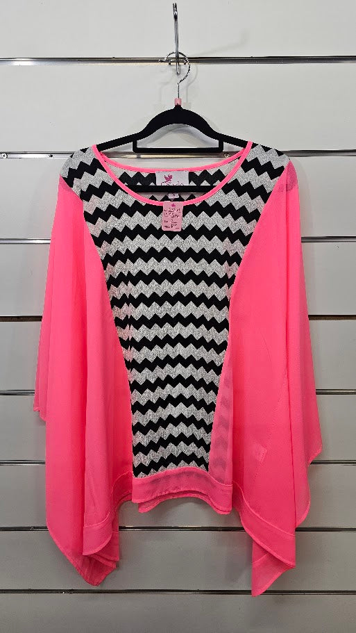 Charlo Neon Pink Black White Chiffon Top with Black White Z Design Insert - SM