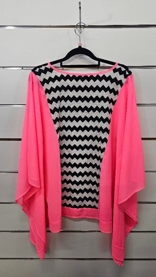 Charlo Neon Pink Black White Chiffon Top with Black White Z Design Insert - SM