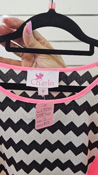 Charlo Neon Pink Black White Chiffon Top with Black White Z Design Insert - SM
