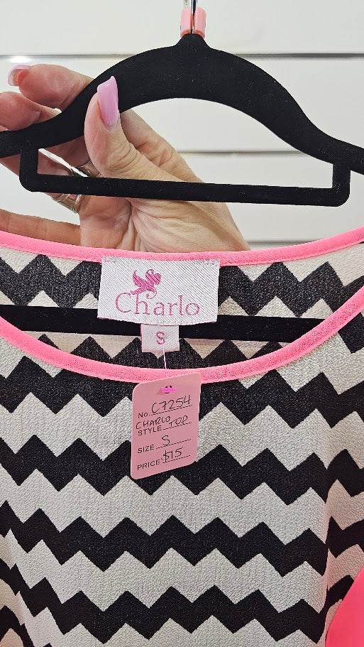Charlo Neon Pink Black White Chiffon Top with Black White Z Design Insert - SM