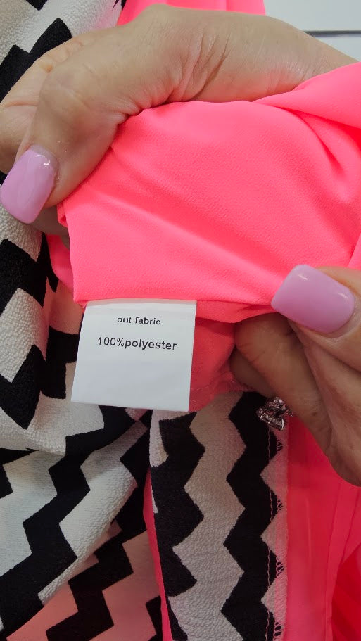 Charlo Neon Pink Black White Chiffon Top with Black White Z Design Insert - SM