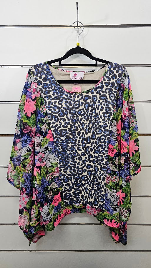 Charlo Multi Colour Floral Chiffon Top with Blue Velour Animal Print Insert - MED