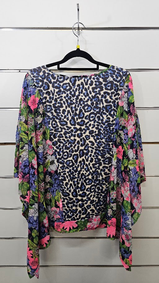 Charlo Multi Colour Floral Chiffon Top with Blue Velour Animal Print Insert - MED