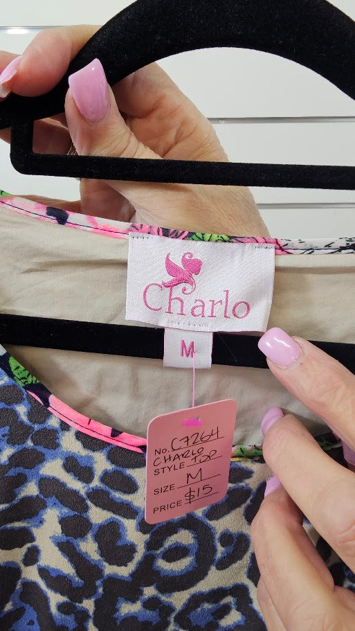 Charlo Multi Colour Floral Chiffon Top with Blue Velour Animal Print Insert - MED