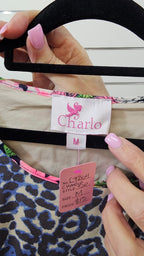 Charlo Multi Colour Floral Chiffon Top with Blue Velour Animal Print Insert - MED