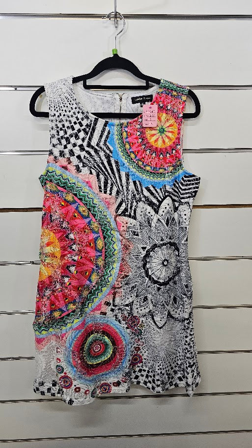 Caroline Morgan Multi Colour Lined Sleeveless Dress with Multi Coloured Overlay - 12