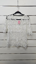 Now White Lace Rose Design Top with Button at Neck - 10