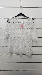 Now White Lace Rose Design Top with Button at Neck - 10