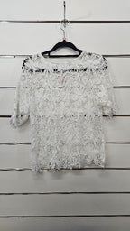 Now White Lace Rose Design Top with Button at Neck - 10