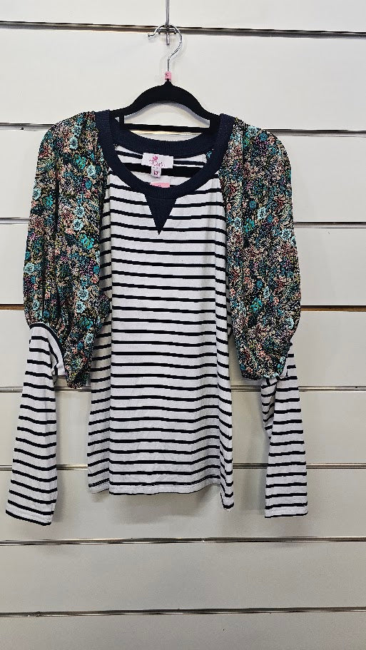 Charlo Navy White Floral Top with Floral Inserts on Sleeves - 10