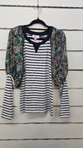 Charlo Navy White Floral Top with Floral Inserts on Sleeves - 10