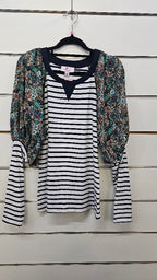 Charlo Navy White Floral Top with Floral Inserts on Sleeves - 10