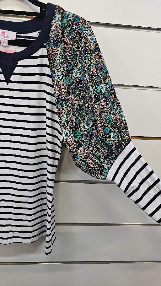 Charlo Navy White Floral Top with Floral Inserts on Sleeves - 10