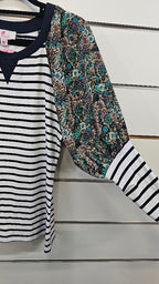 Charlo Navy White Floral Top with Floral Inserts on Sleeves - 10