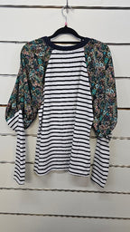 Charlo Navy White Floral Top with Floral Inserts on Sleeves - 10