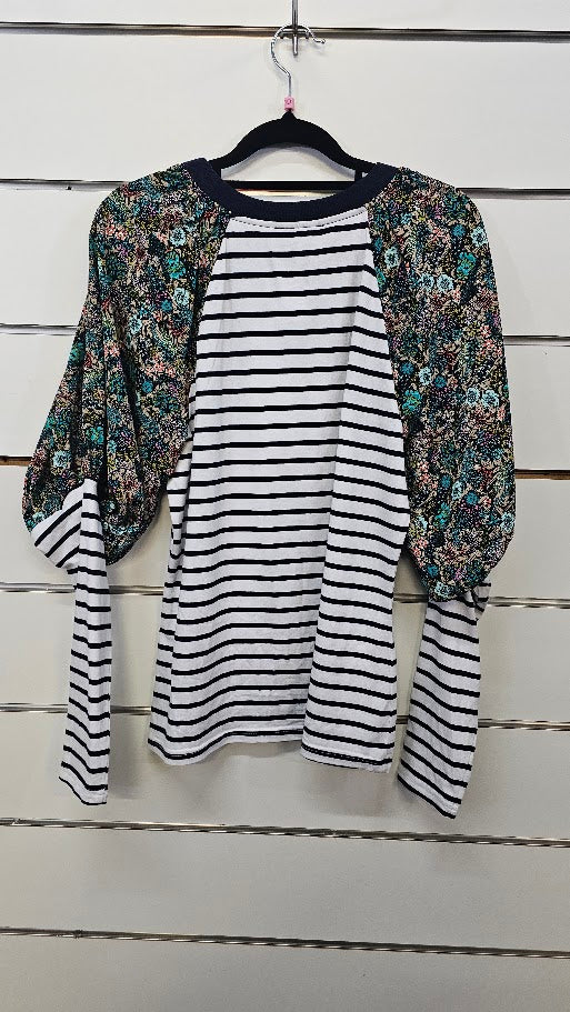 Charlo Navy White Floral Top with Floral Inserts on Sleeves - 10