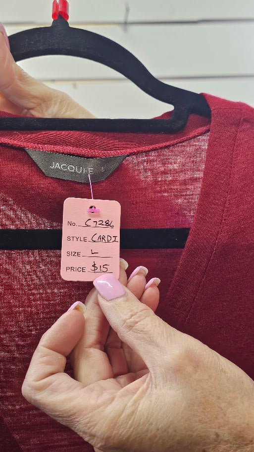 Jacqui E Burgundy Sweater Cardigan L/S Button - L