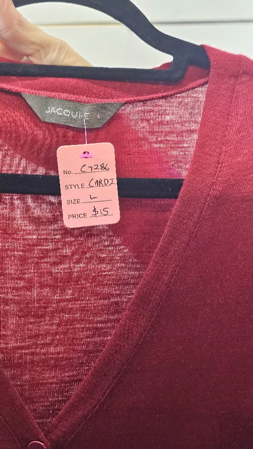 Jacqui E Burgundy Sweater Cardigan L/S Button - L