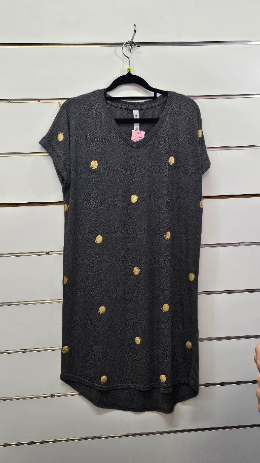 Anthem Grey Gold Dots Short Sleeve Knit Dress - MED