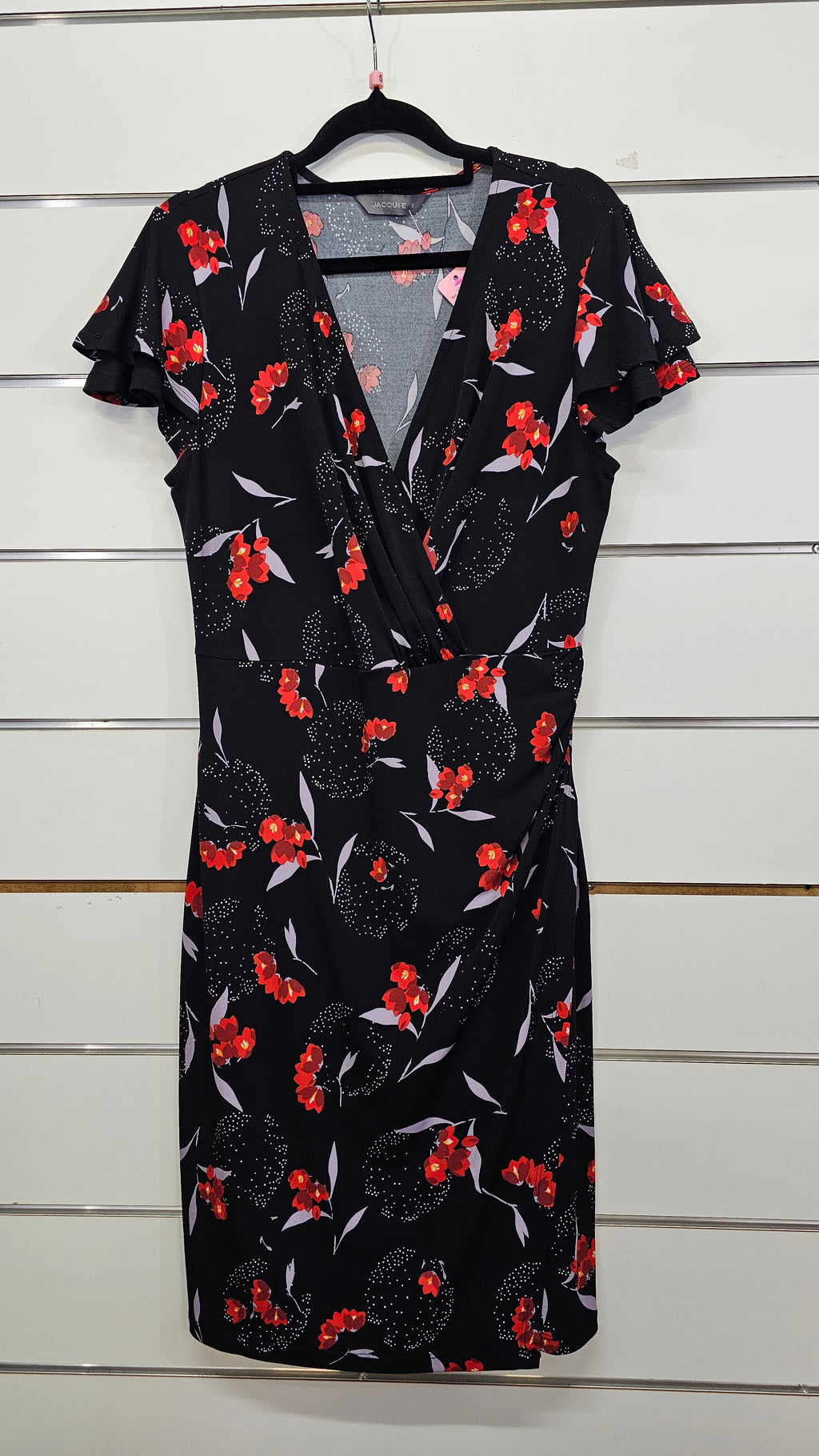 Jacqui E, Black/Red Floral, Wrap Layer Dress with Wide Waist Band & Cap Sleeves – S