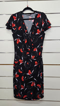 Jacqui E, Black/Red Floral, Wrap Layer Dress with Wide Waist Band & Cap Sleeves – S