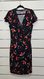 Jacqui E, Black/Red Floral, Wrap Layer Dress with Wide Waist Band & Cap Sleeves – S