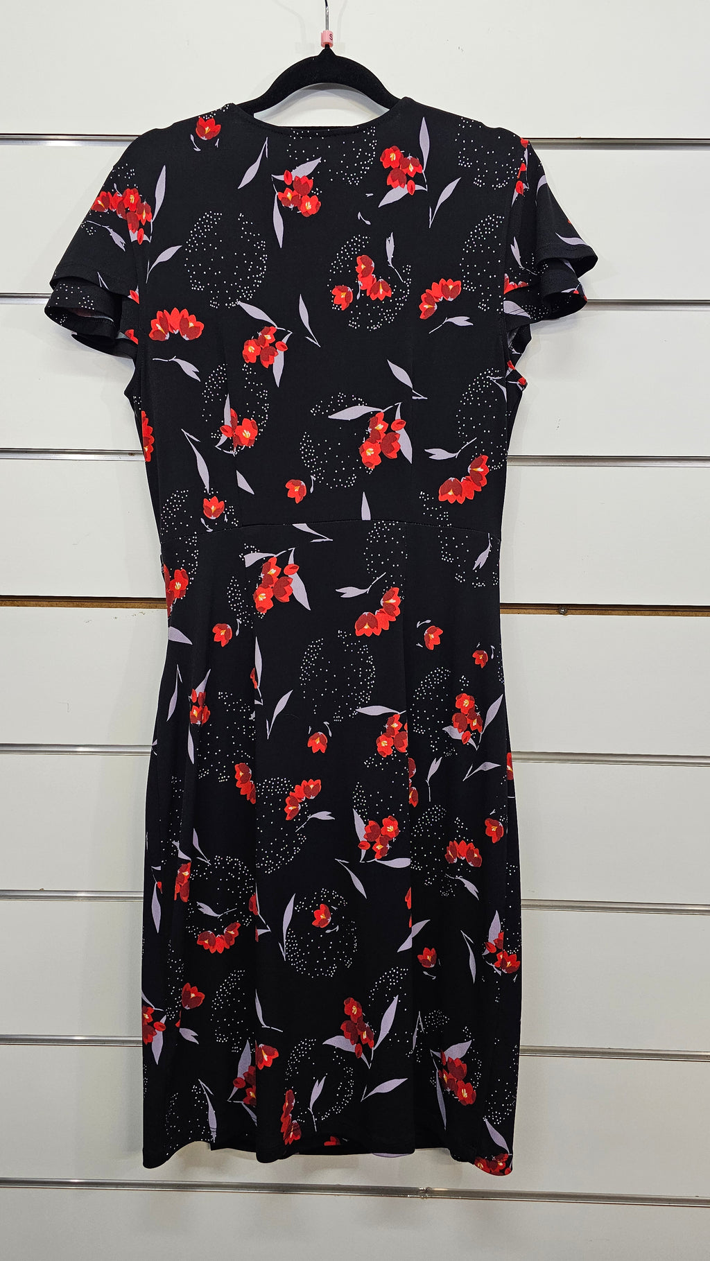 Jacqui E, Black/Red Floral, Wrap Layer Dress with Wide Waist Band & Cap Sleeves – S