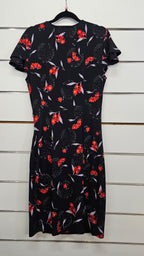 Jacqui E, Black/Red Floral, Wrap Layer Dress with Wide Waist Band & Cap Sleeves – S
