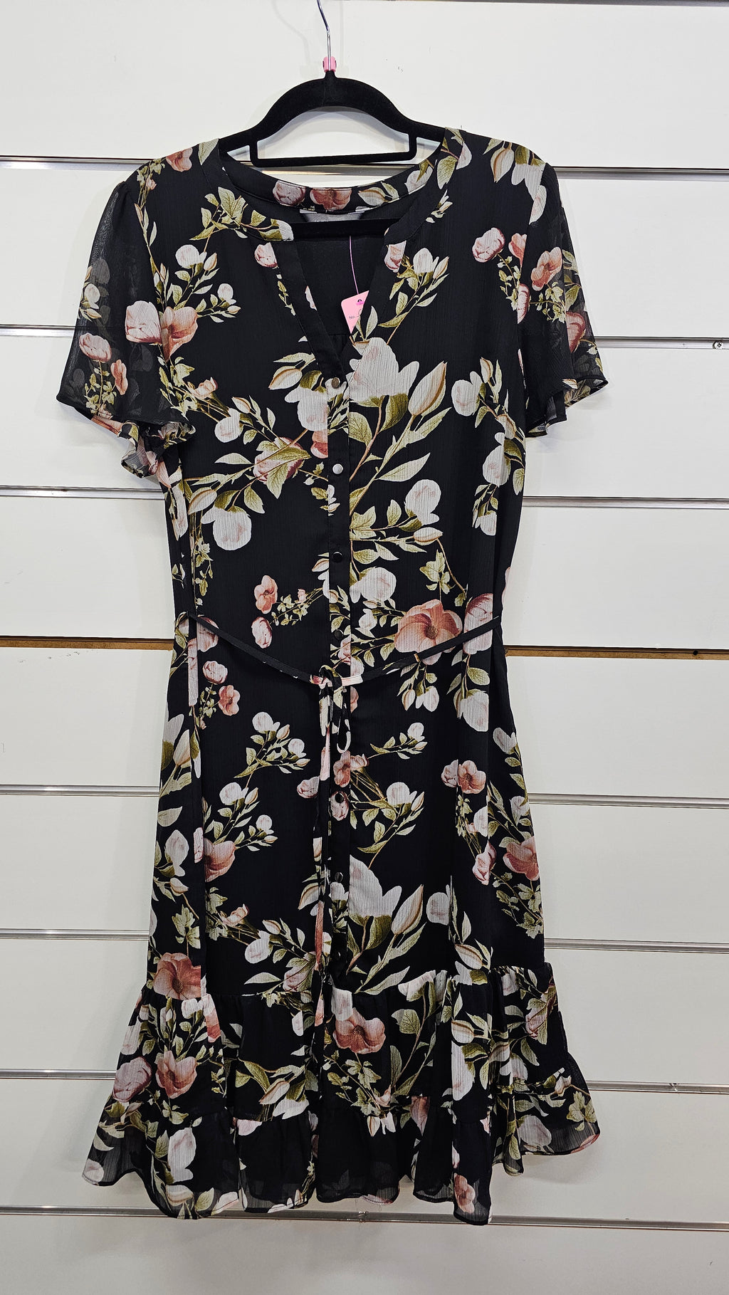 Jacqui E, Black Floral, Chiffon Midi Dress with Button Front, Waist Belt & Frill Hem – 10
