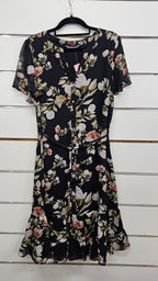 Jacqui E, Black Floral, Chiffon Midi Dress with Button Front, Waist Belt & Frill Hem – 10