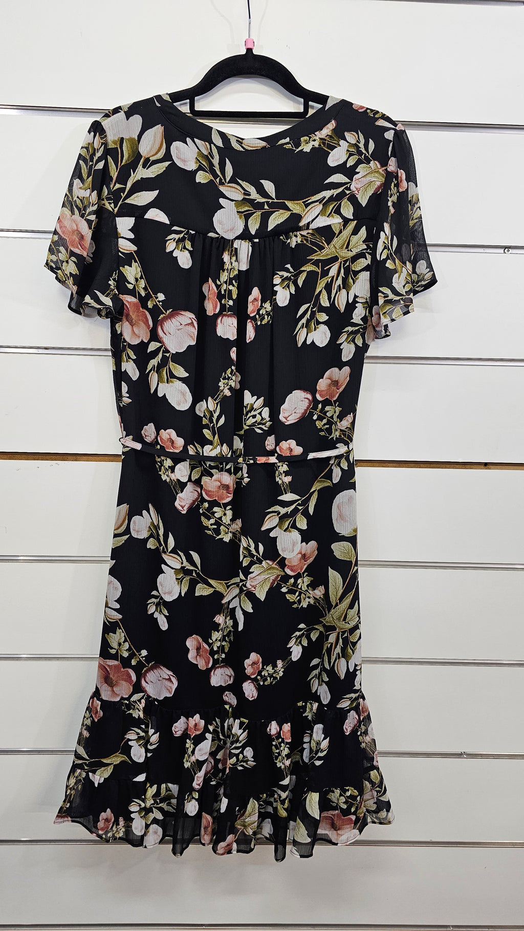 Jacqui E, Black Floral, Chiffon Midi Dress with Button Front, Waist Belt & Frill Hem – 10