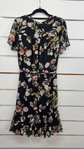 Jacqui E, Black Floral, Chiffon Midi Dress with Button Front, Waist Belt & Frill Hem – 10