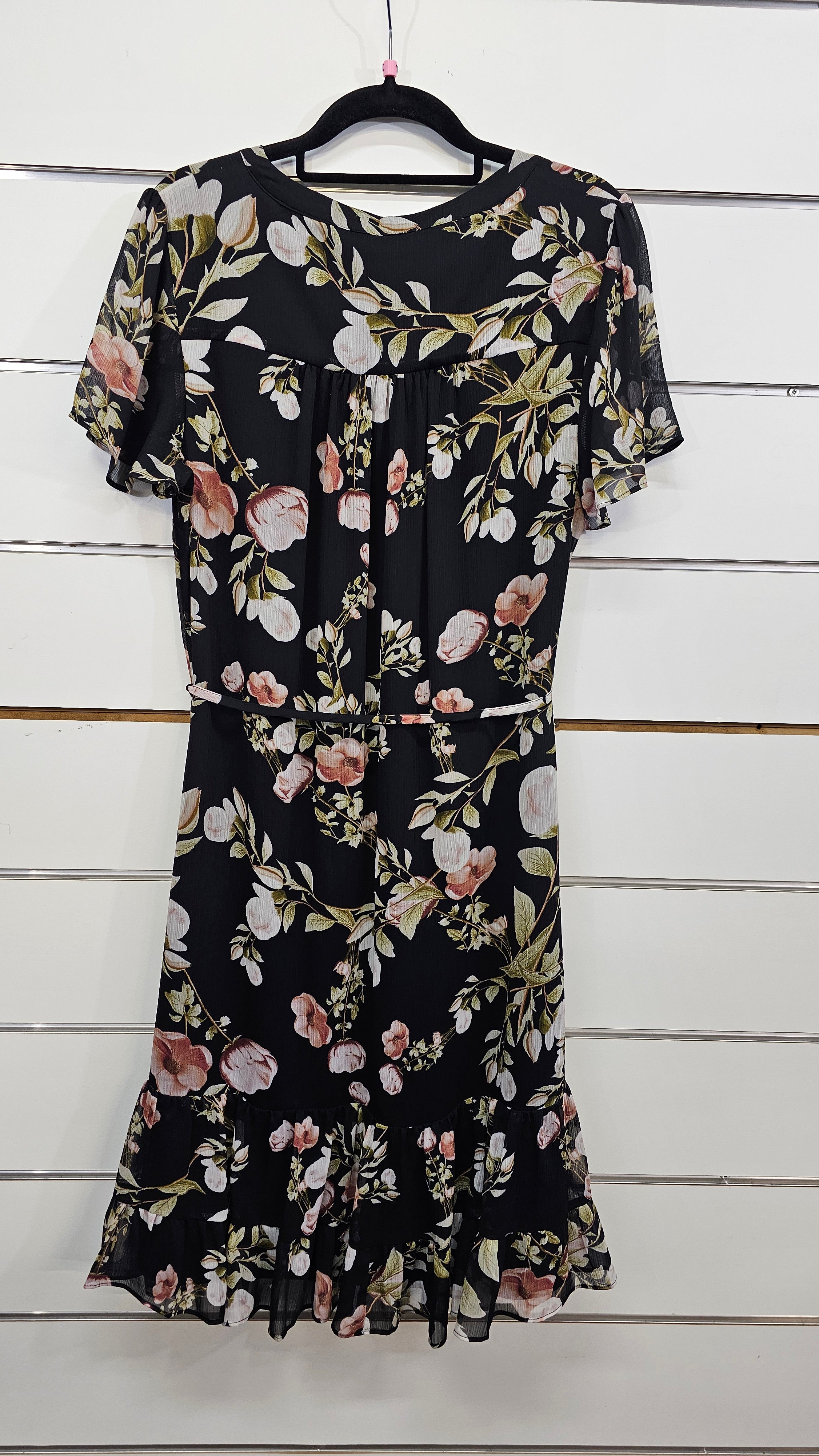 Jacqui E, Black Floral, Chiffon Midi Dress with Button Front, Waist Belt & Frill Hem – 10