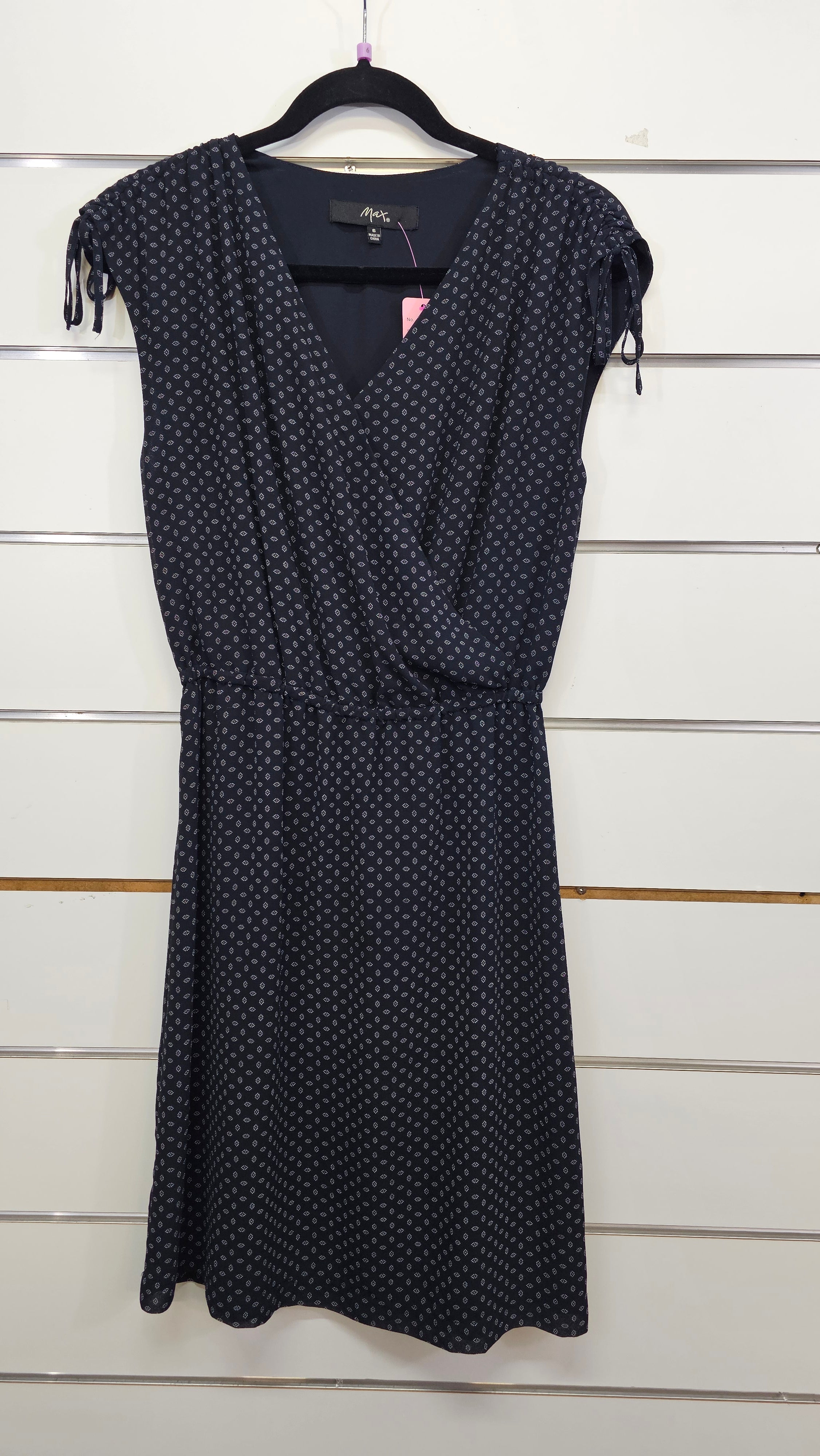 Max, Black/White, Sleeveless Crossover Midi Dress with Drawstring Shoulder – 6