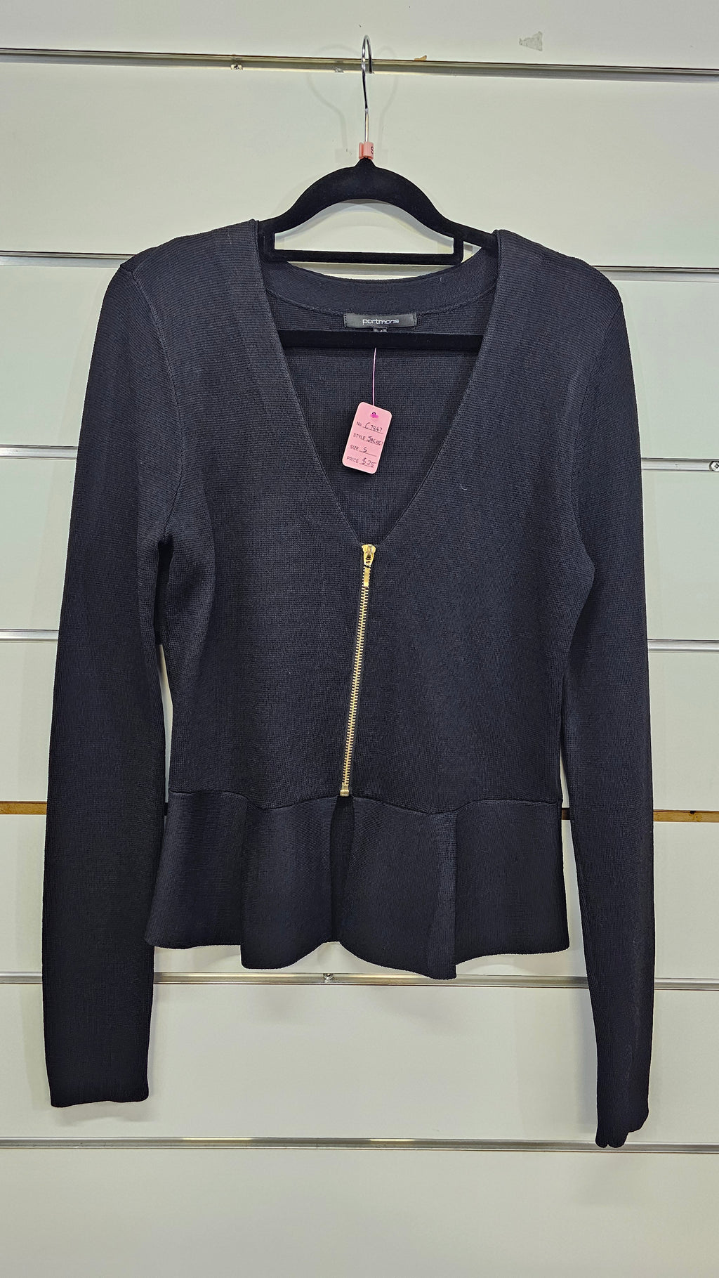 Portmans, Black, Zip Front Jacket with Peplum Bottom – S