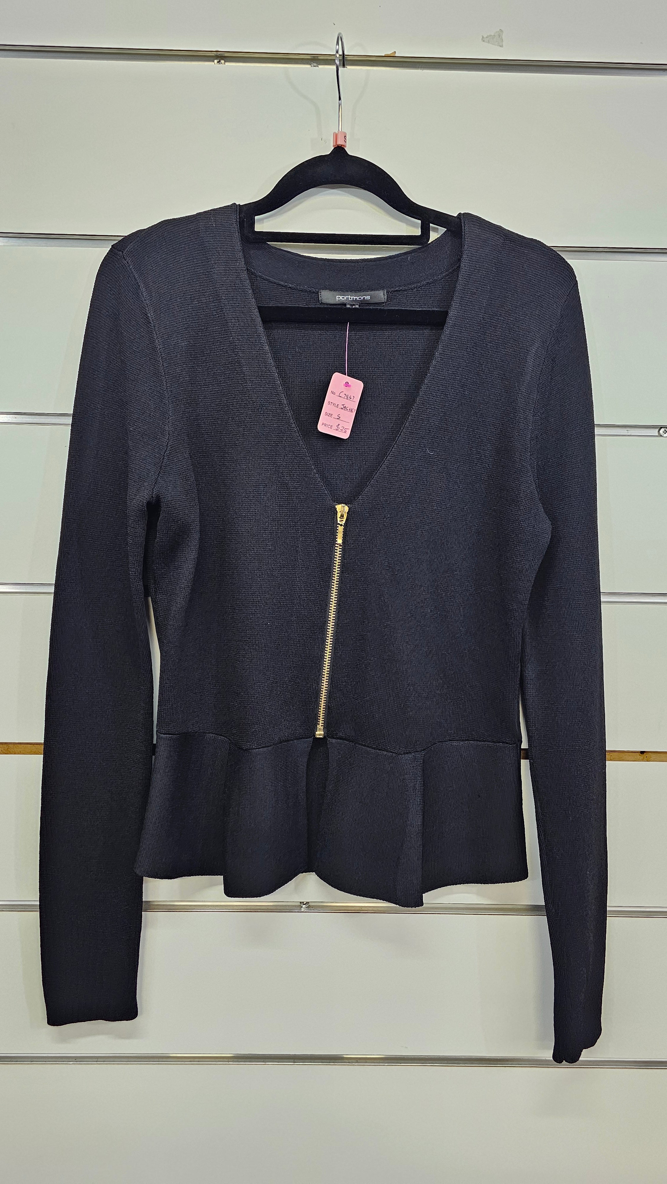 Portmans, Black, Zip Front Jacket with Peplum Bottom – S