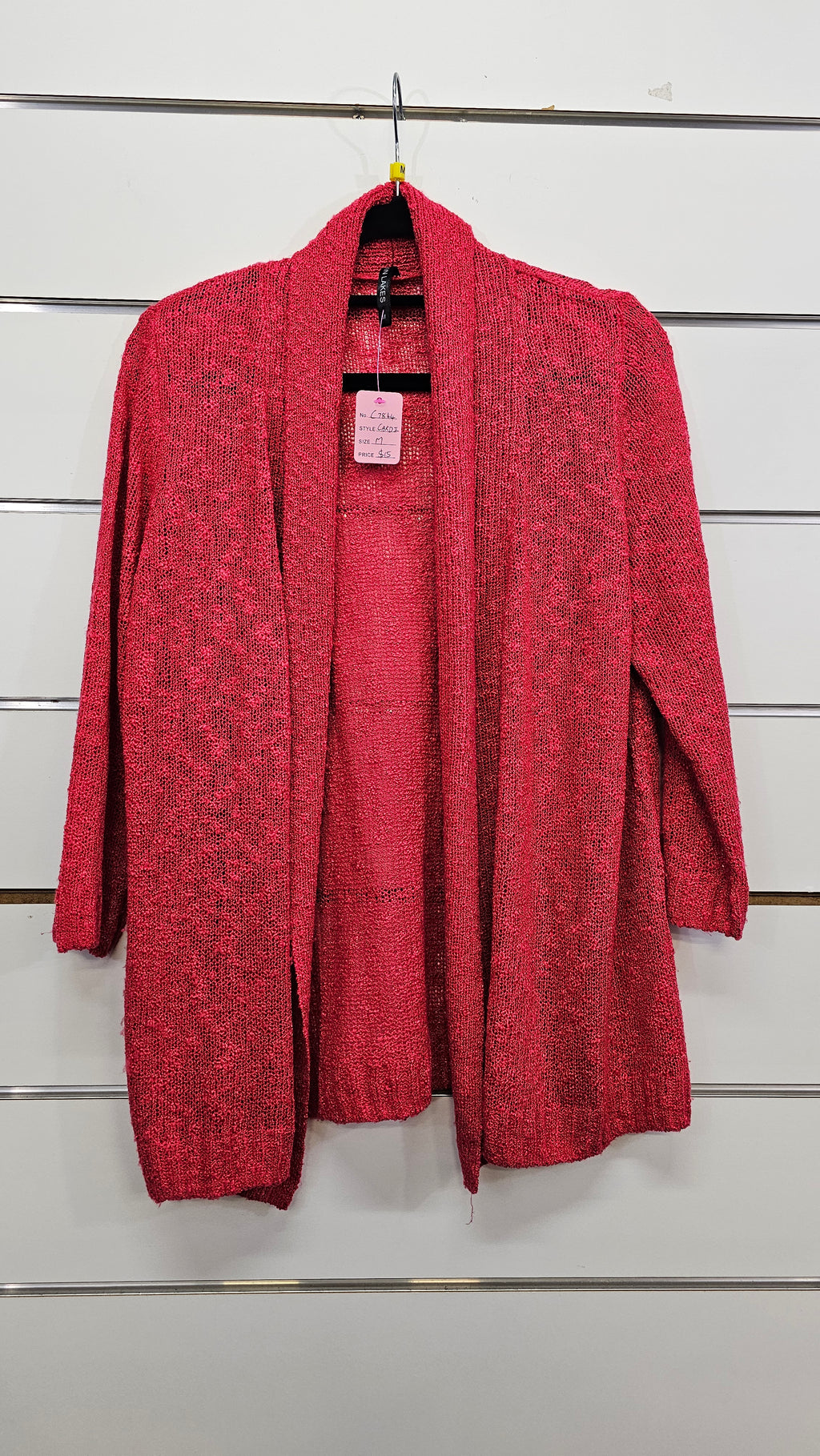 Twin Lakes, Raspberry, Knitted Cardigan with Roll Collar, 3/4 Sleeve – M