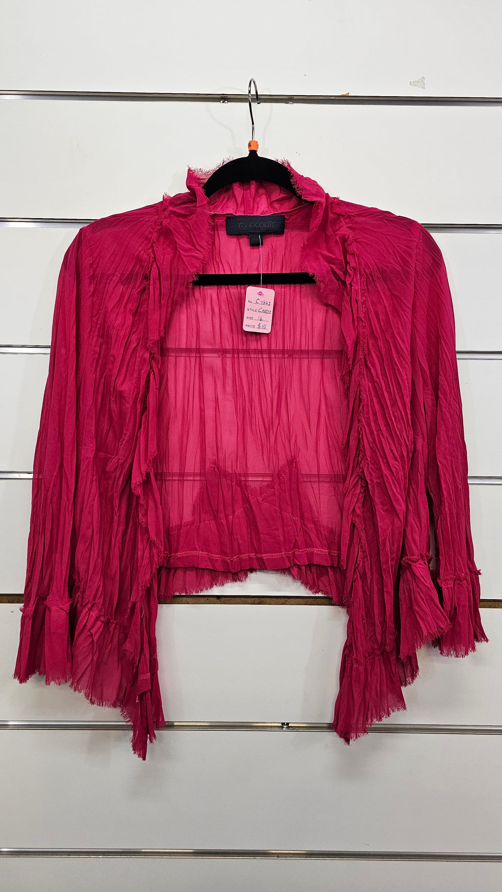Chocolat, Hot Pink, Crinkle Ruffle Hem Cardigan, 3/4 Sleeve – 14