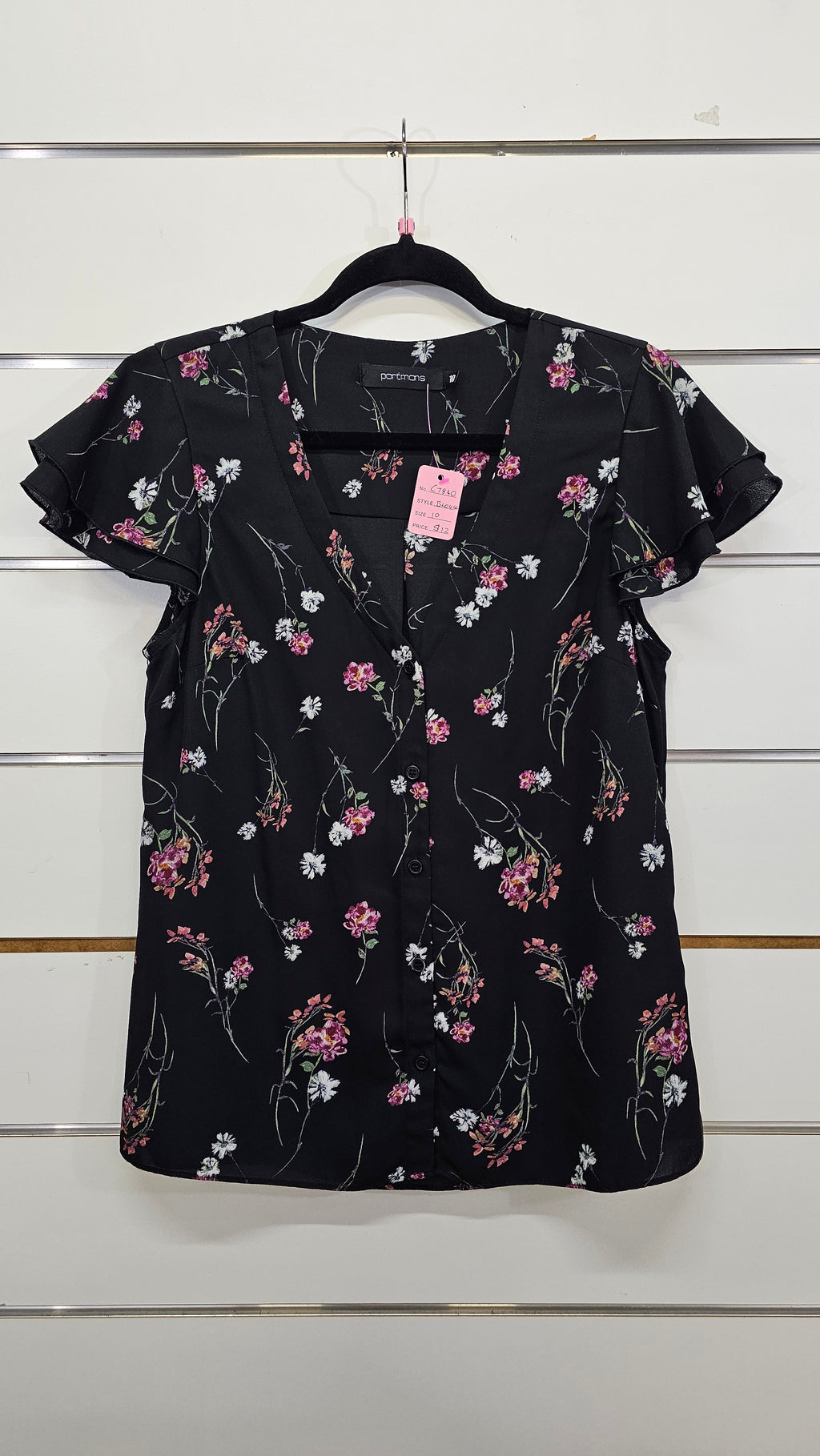 Portmans, Black Floral, Blouse with Pink Floral Print & Ruffle Cap Sleeves – 10
